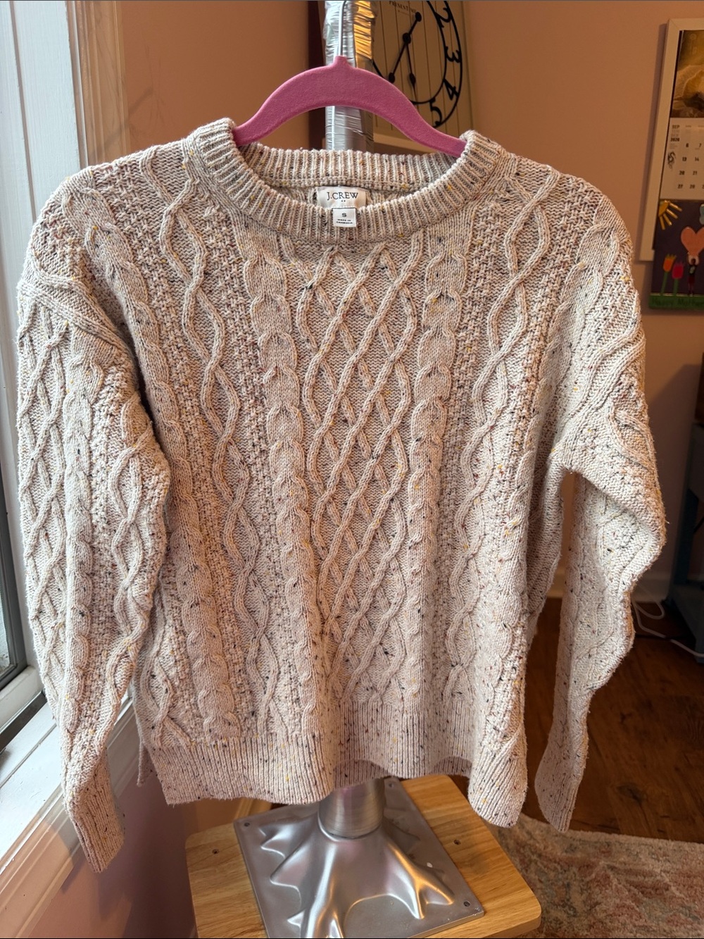 J. Crew Speckled Cream Cable-Knit Crewneck Sweater - Picture 2 of 6